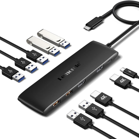 Lemorele 10 -in-1 USB C Docking Station for Laptop Dell Mac HP Lenovo, 10Gbps USB C Hub with 2 HDMI 4K, 4*USB 3.1 10Gbps Data Port, 100W PD Charging, 3 USB 2.0 for Keybord, Mouse