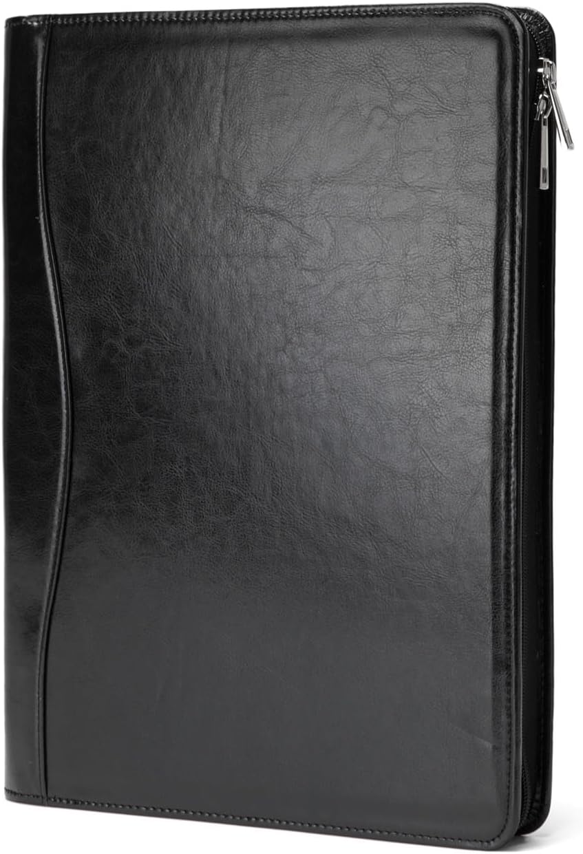Vegan Leather Portfolio, Legal Size 8.5 x 14 Pad Holder, Business Padfolio for Men and Women, Zippered Laptop Organizer, Executive Professional Work Travel Notepad Folio, Black