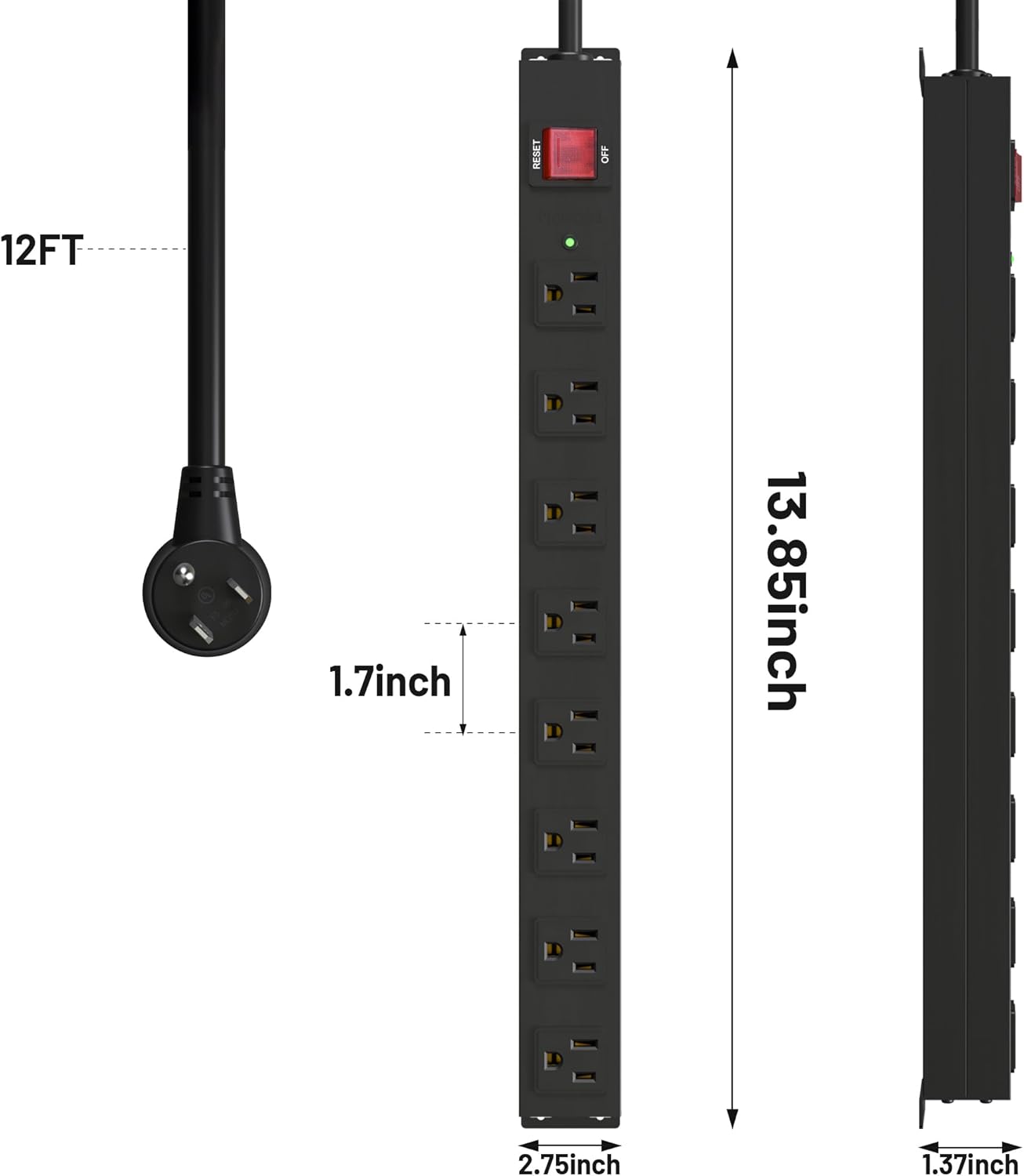 KF 8 Outlet Heavy Duty Power Strip Surge Protector, 2100J Surge Protection Power Strip, 15A/1875W Mountable Power Strips with Upgraded Switch, 14AWG 12FT Power Cord