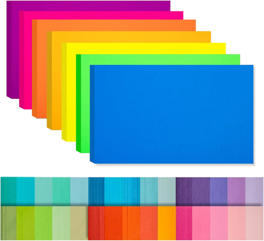 Index Cards 140-Count 5X8 Inch,178GSM Heavyweight Set of 7 Fluorescent Colors Paper Multicolor Study Cards