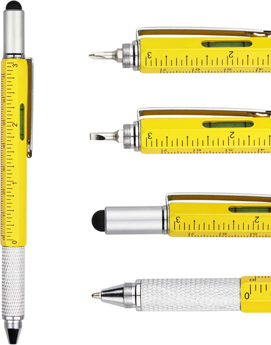 DUNBONG Metal Multi tool Pen 6-in-1 Stylus Pen - With Screwdriver, Ballpoint Pen Black ink, Stylus pen, Level and Ruler, 1-Count (Yellow)