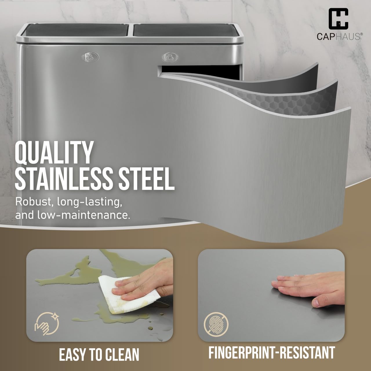 CAPHAUS Dual Trash Can with Double Lid, Trash and Recycle Bins Combo, Hands-Free Stainless-Steel Garbage Can for Kitchen, with 2 Compartment, Hinged Lid, Odor Filters, Handles, 30L+30L, 2 x 8 Gallon