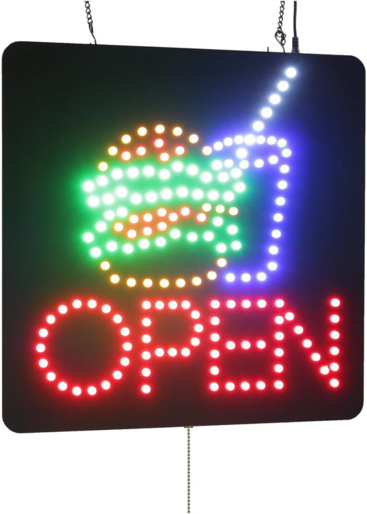 Open Hamburger Sign, 16"x16", 40x40cm, TOPKING, LED, Neon, Florescent, Signage, Signboard, Display, Billboard, Screen, Grand Opening, Gift