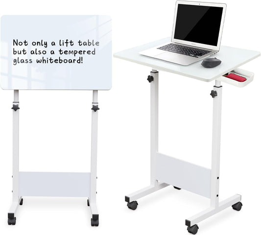 KOUPA Adjustable Height Standing Desk, Writable Tempered Glass Desktop with Eraser, 360° Flip, Wheels – Ideal for Small Spaces and Home Offices, 24 in, White(Adjustable Height: 32-47 in)