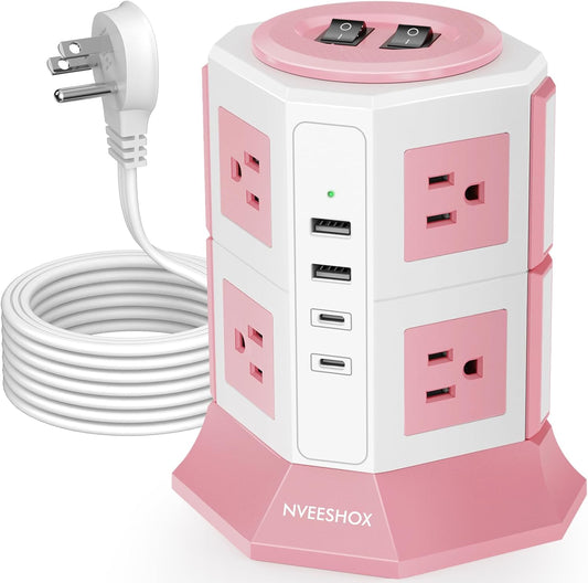 NVEESHOX Surge Protector Power Strip Tower, 10 Feet Ultra Flat Extension Cord with 12 AC Outlets 5 USB Ports(2 Type C), Desktop Charging Station, Flat Plug Outlet Extender for Home Office Dorm