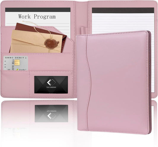 Leather Portfolio Binder 5 x 8, Mini Soft Leather Padfolio A5 Business Binder Legal Writing Pad Junior Size Document Organizer for Present Gift Kid Men Women Pink