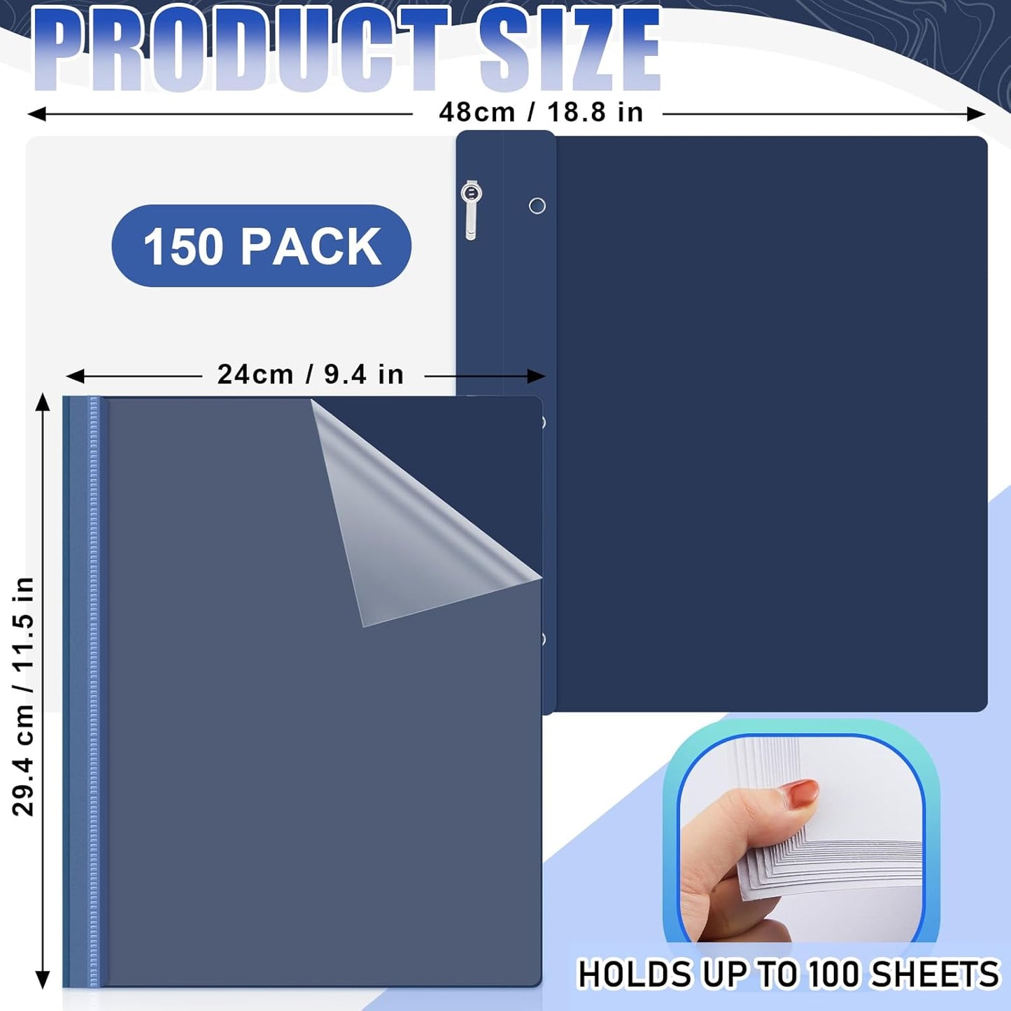 Teling 150 Pcs Plastic Report Covers with 3 Prong Clear Front Resume Folder Business Report Covers Bulk Presentation Folders Clear Front Report Folders for Documents, School, Office(Navy)