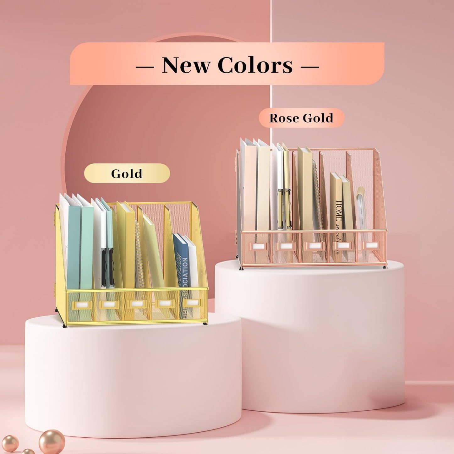 SUPEASY Desk Organizers Metal Desk Magazine File Holder with 5 Vertical Compartments Rack File Organizer for Office Desktop, Home Workspace, Rose Gold