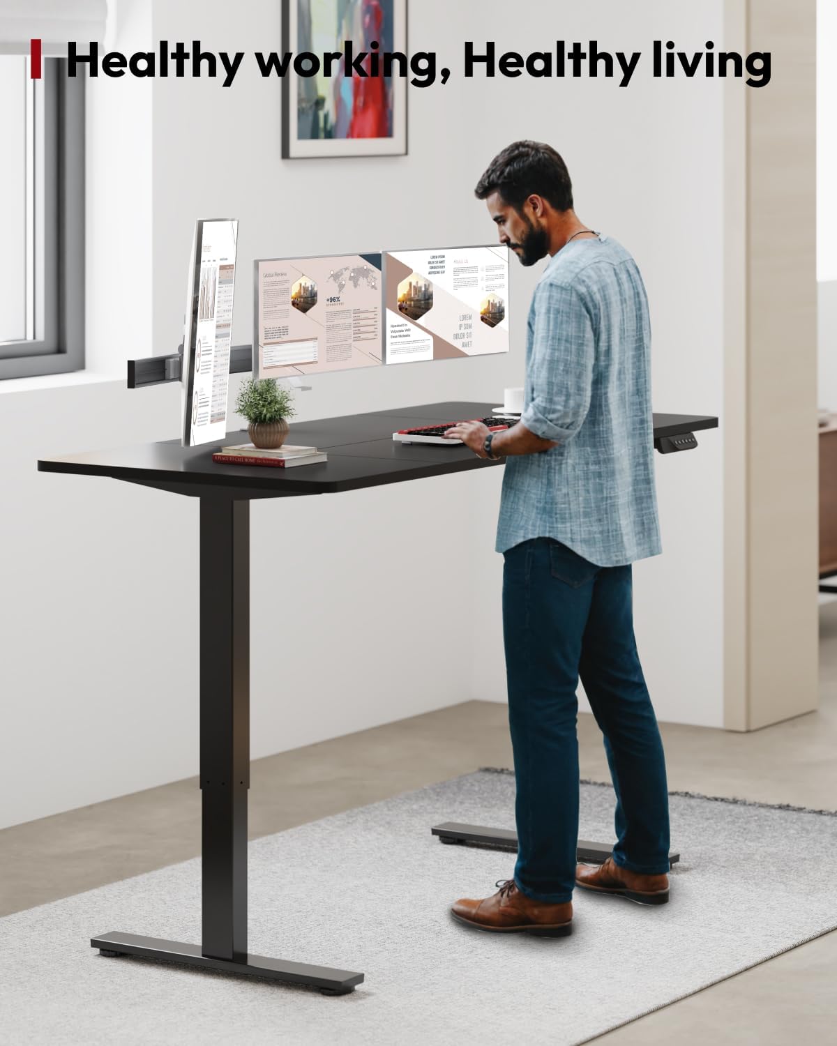 SANODESK Standing Desk Height Adjustable Electric Stand up Desk 63x28 Inches Sit Stand Home Office Desk with Splice Board, Black Frame/Black Top