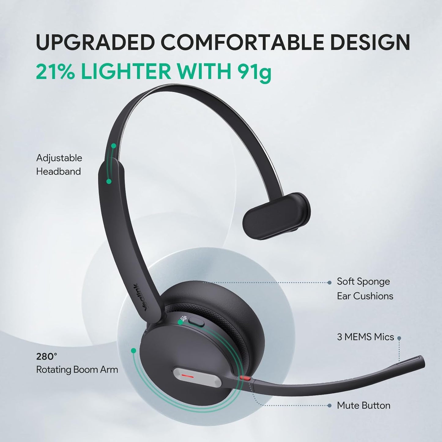 Yealink BH70 Mono UC Wireless Bluetooth Headset with Microphone for Work, up to 35h Talking Battery Life, 3-Mic Noise Cancellation, 91g Lightweight Work Headsets for Open Office, USB-C to A