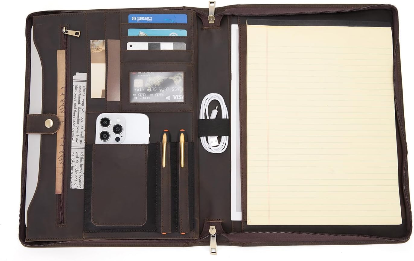 Genuine Leather Portfolio for Women and Men, 8.5 x 11 Legal Pad Padfolio, Zippered Notebook Organizer for 13” Laptop, Business Executive Professional Folio for Work, Dark Khaki