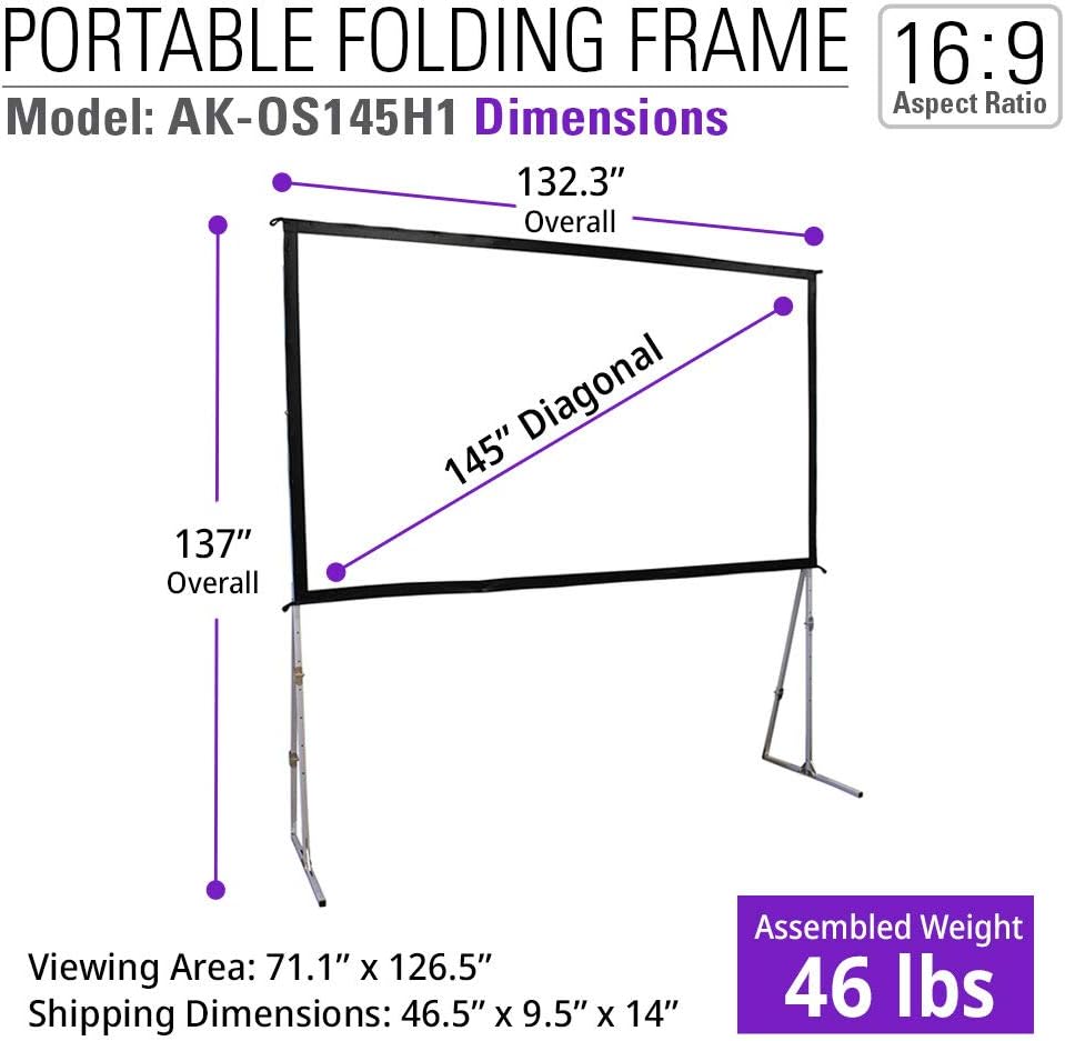 Akia Screens 145 inch Portable Outdoor Projector Screen with Stand and Bag 16:9 8K 4K Ultra HD 3D Adjustable Height Foldable Projection Screen Silver for Movie Video Home Theater AK-OS145H1