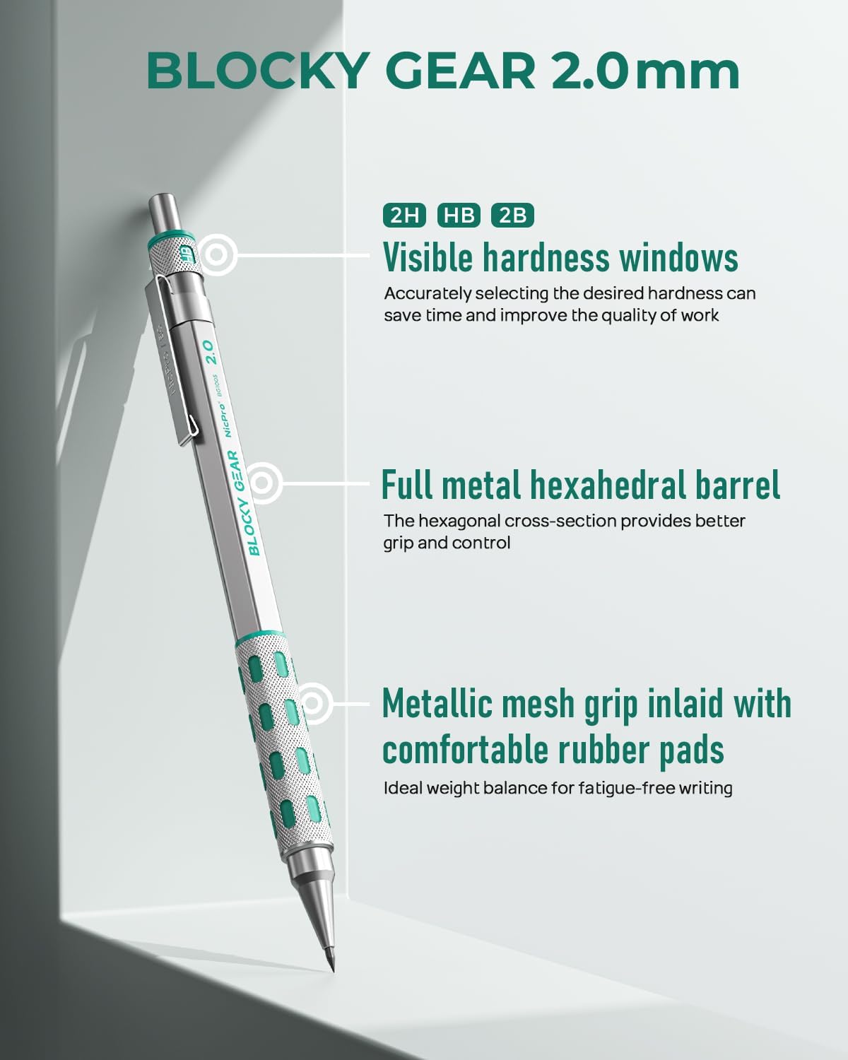 Nicpro 2mm Mechanical Pencils in Case, 3 Pack Blocky Gear Metal Drafting Lead Holder with 13 Tubes 2mm Lead Refills (HB 2B 2H 4B 4H 6B & Colors), Erasers for Carpenter Writing Drawing Woodworking