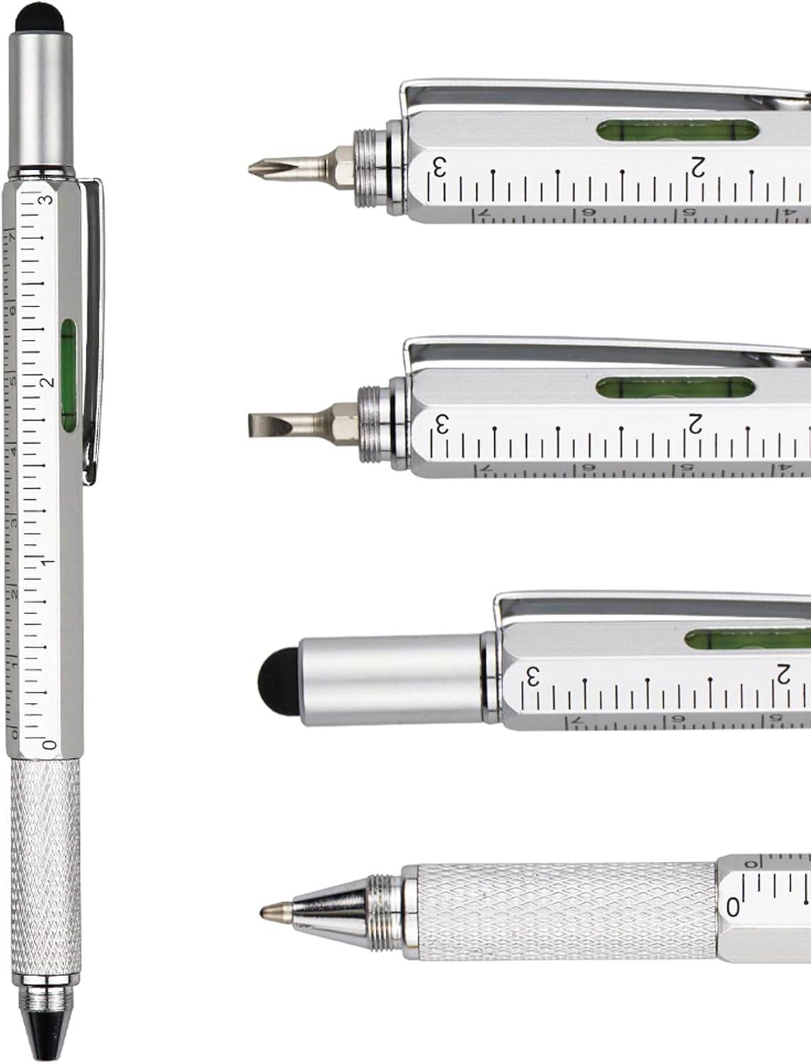 DUNBONG Metal Multi tool Pen 6-in-1 Stylus Pen - With Screwdriver, Ballpoint Pen Black ink, Stylus pen, Level and Ruler, 1-Count (Silver)