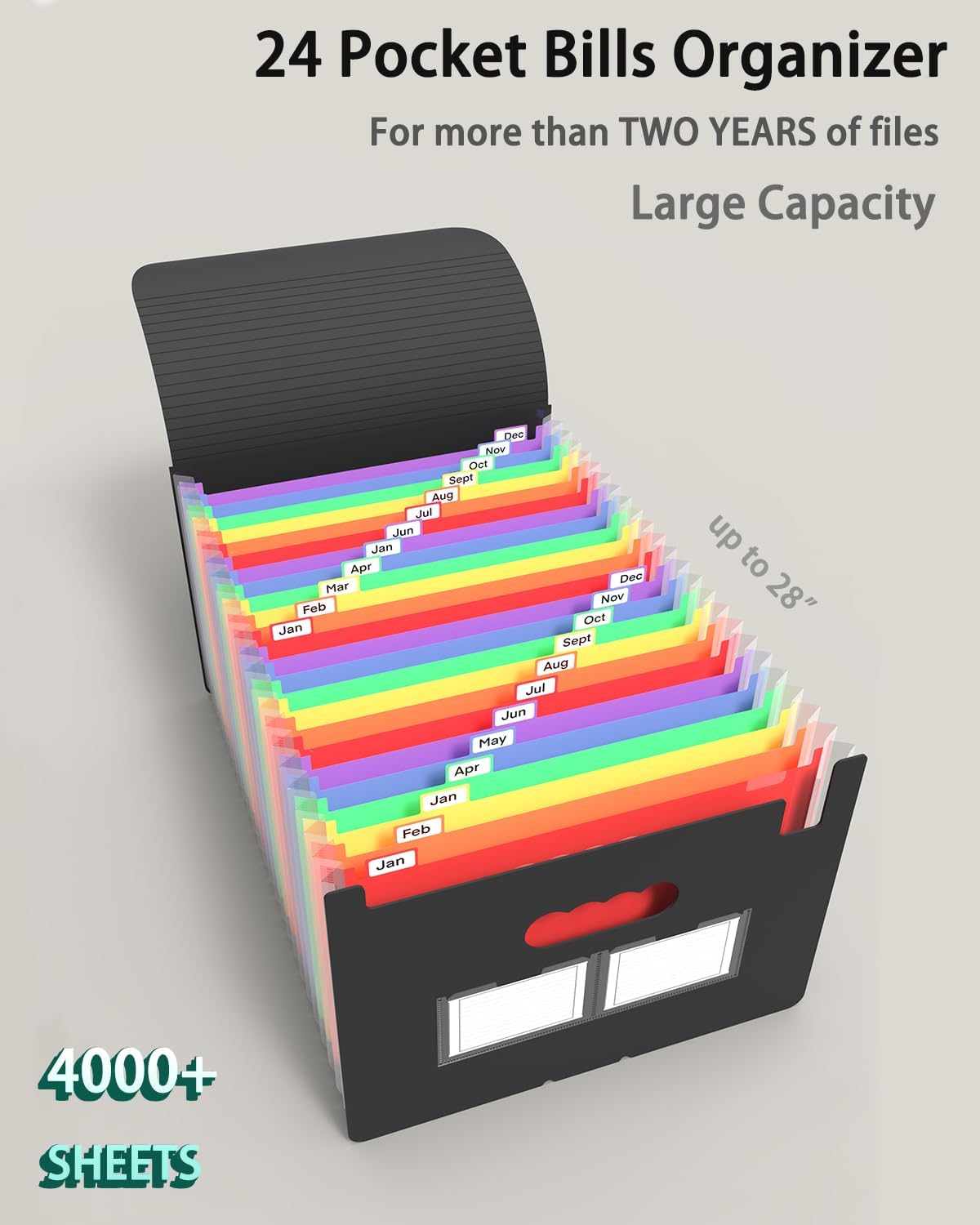 4 Pack Expanding File Folder, 24 Pocket Accordian File Organizer A4 Letter Size Portable Document Organizer with Colored Tabs, Expandable Desktop Accordion Folder -Black