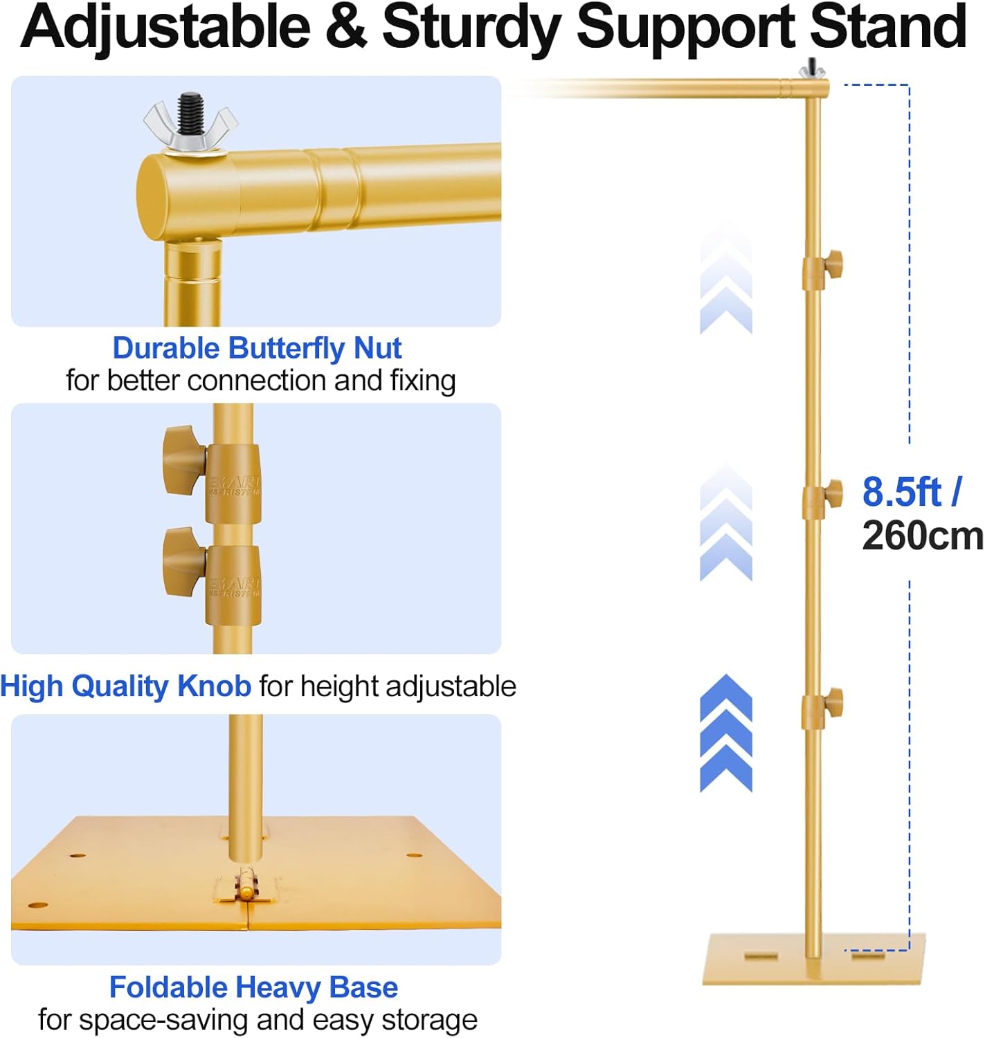 EMART Backdrop Stand, 8.5x10ft Width Adjustable Photography Background Support Poles with Heavy Duty Flat Base, Photo Metal Steel Pipe and Drape Frame Kit for Parties Birthday Wedding - Gold