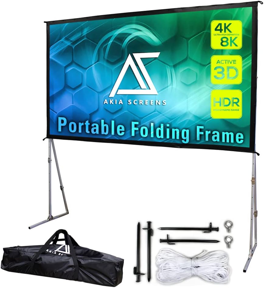 Akia Screens 145 inch Portable Outdoor Projector Screen with Stand and Bag 16:9 8K 4K Ultra HD 3D Adjustable Height Foldable Projection Screen Silver for Movie Video Home Theater AK-OS145H1