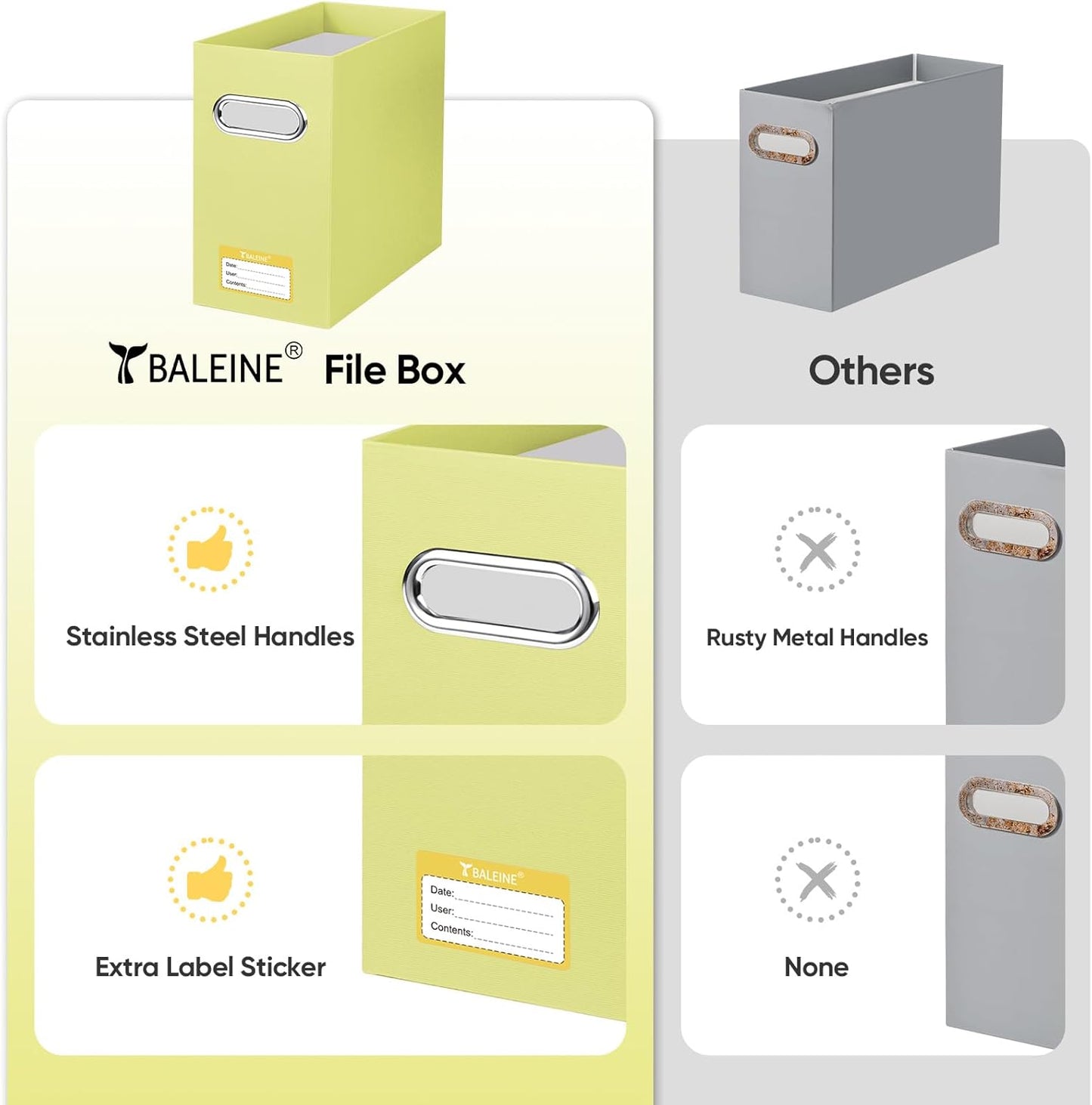 BALEINE File Organizer Box, Cardboard File Folder Organizer with Handle for Letter Size, Portable Collapsible Hanging Filing Box for Home Office Document Storage (4 Pack, Yellow)