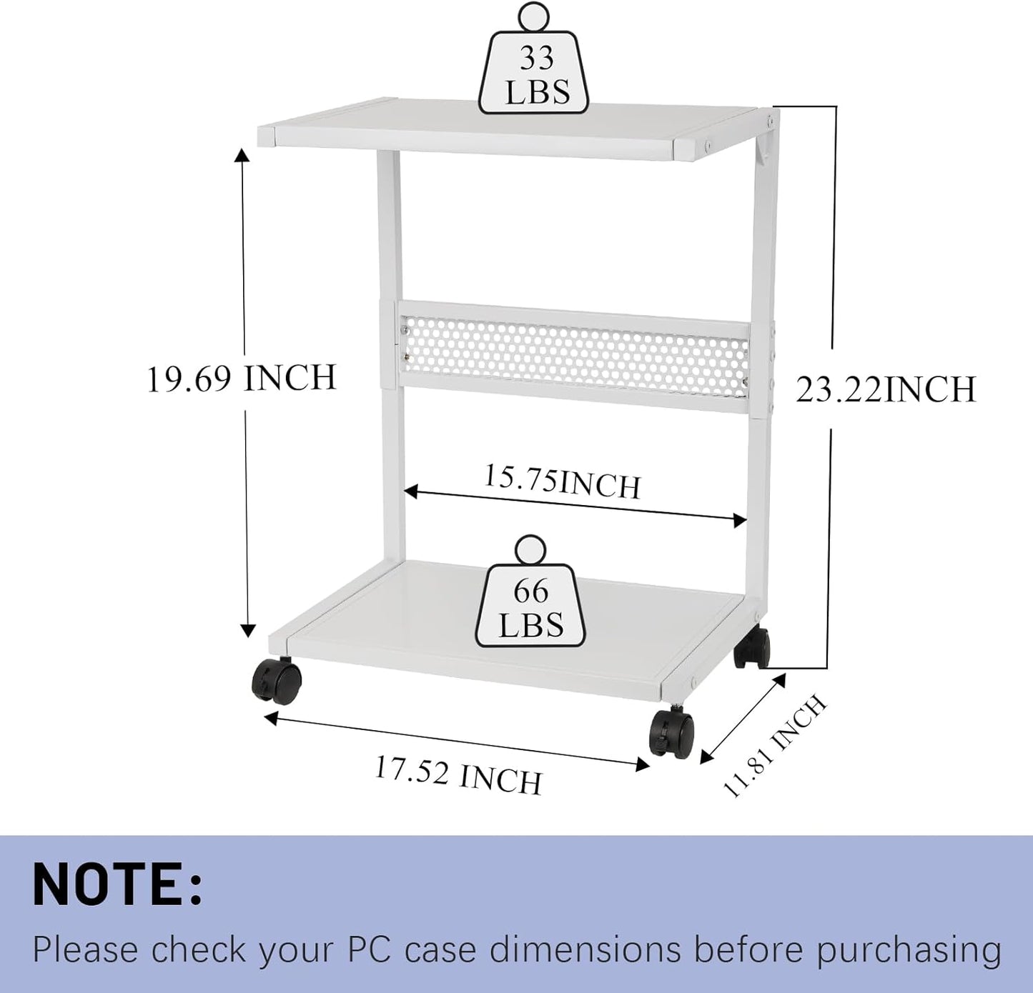 PC Stand Computer Tower Stand 2-Tier Metal CPU Holder with Locking Caster Wheels Suitable for Most PC (S,White)