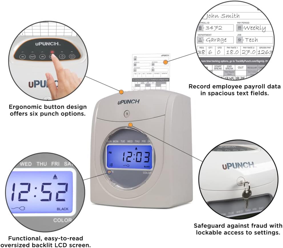 uPunch HN4500 Advanced Calculating Time Clock Bundle for Small Business: Complete Employee Time Tracking System with 200 Time Cards, Racks, Ribbons, and Keys