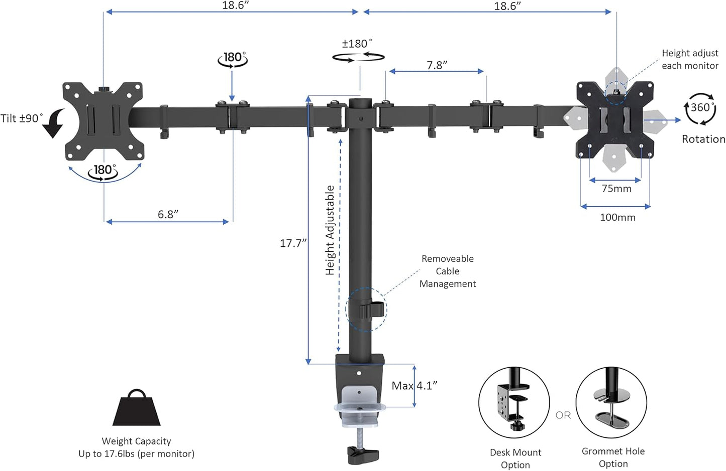 Rocelco 46" Electric Standing Desk Converter with AC Outlet USB Charger and Dual Monitor Arm Mount - Motorized Adjustable Sit Stand Riser - Tabletop Workstation Keyboard Tray - Black (R EDRB-46-DM2)