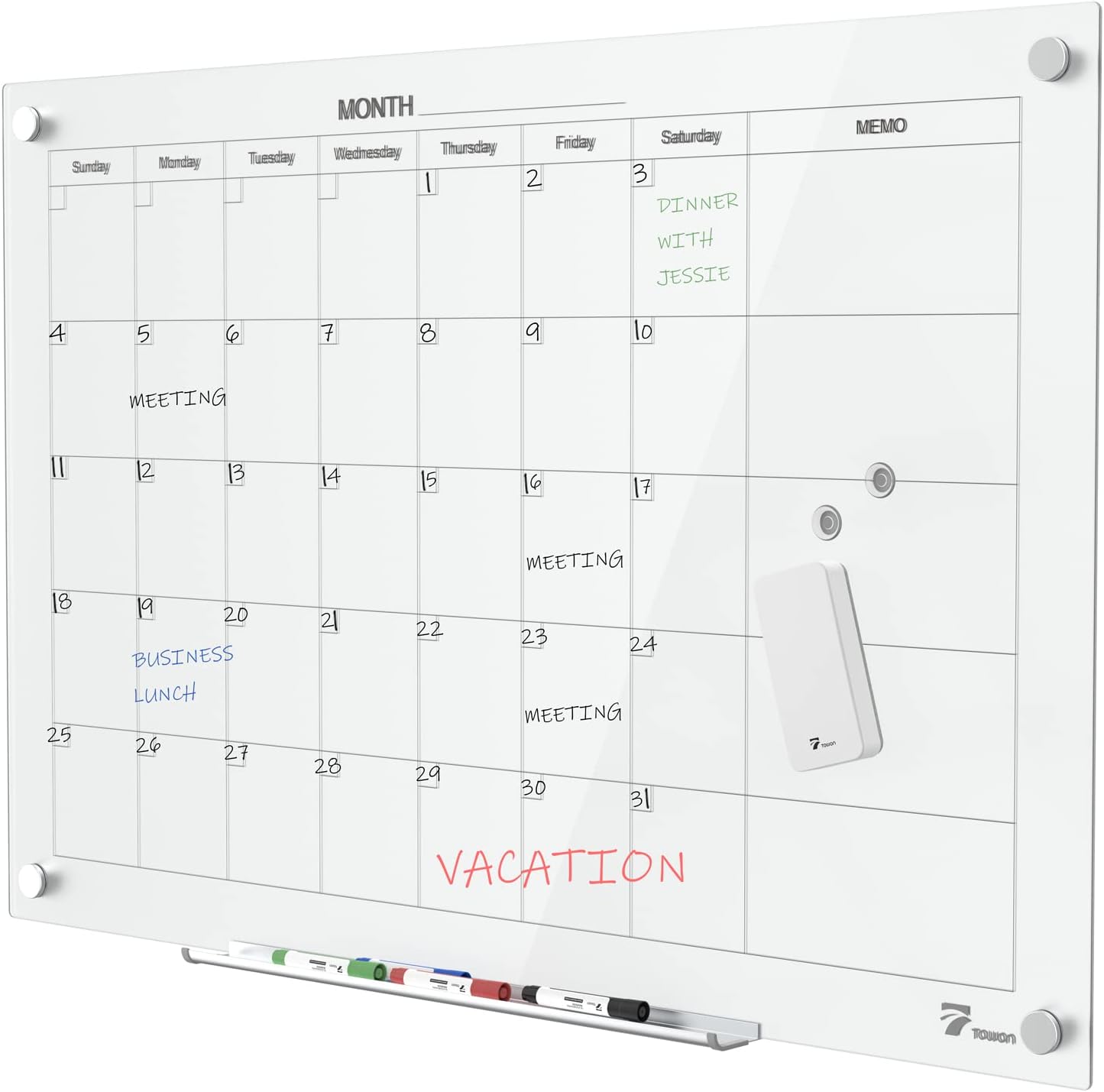 TOWON 47 x 35 Inch Glass Dry Erase Board, Magnetic Whiteboard Calendar, Monthly Planner Set, White