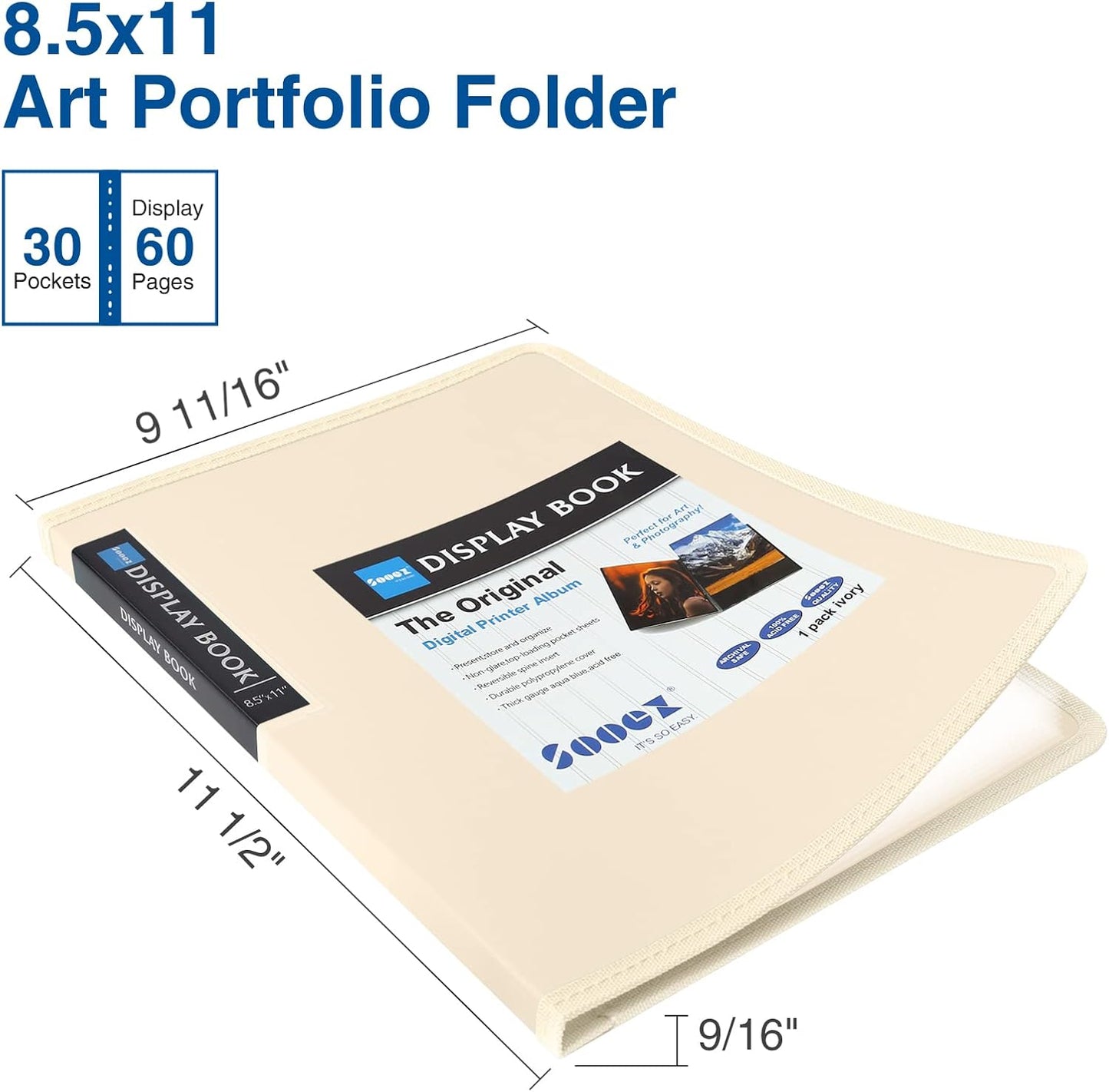 Sooez 30-Pocket Binder with Plastic Sleeves 8.5x11 (Ivory), Heavy Duty Art Portfolio Folder with Clear Sheet Protectors, Display 60 Pages, Presentation Book for Artwork, Document Organizer Binder