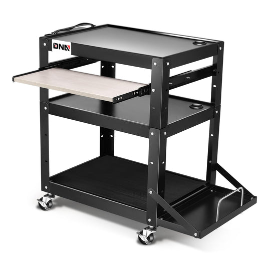 DNA MOTORING Steel AV Cart 3-Layer Rolling Projector Utility Cart, 24" X 18" X 20" - 30.5" Height Adjustable, with Wheels, Pullout Keyboard Tray, Power Strip, Cord Management, TOOLS-00495