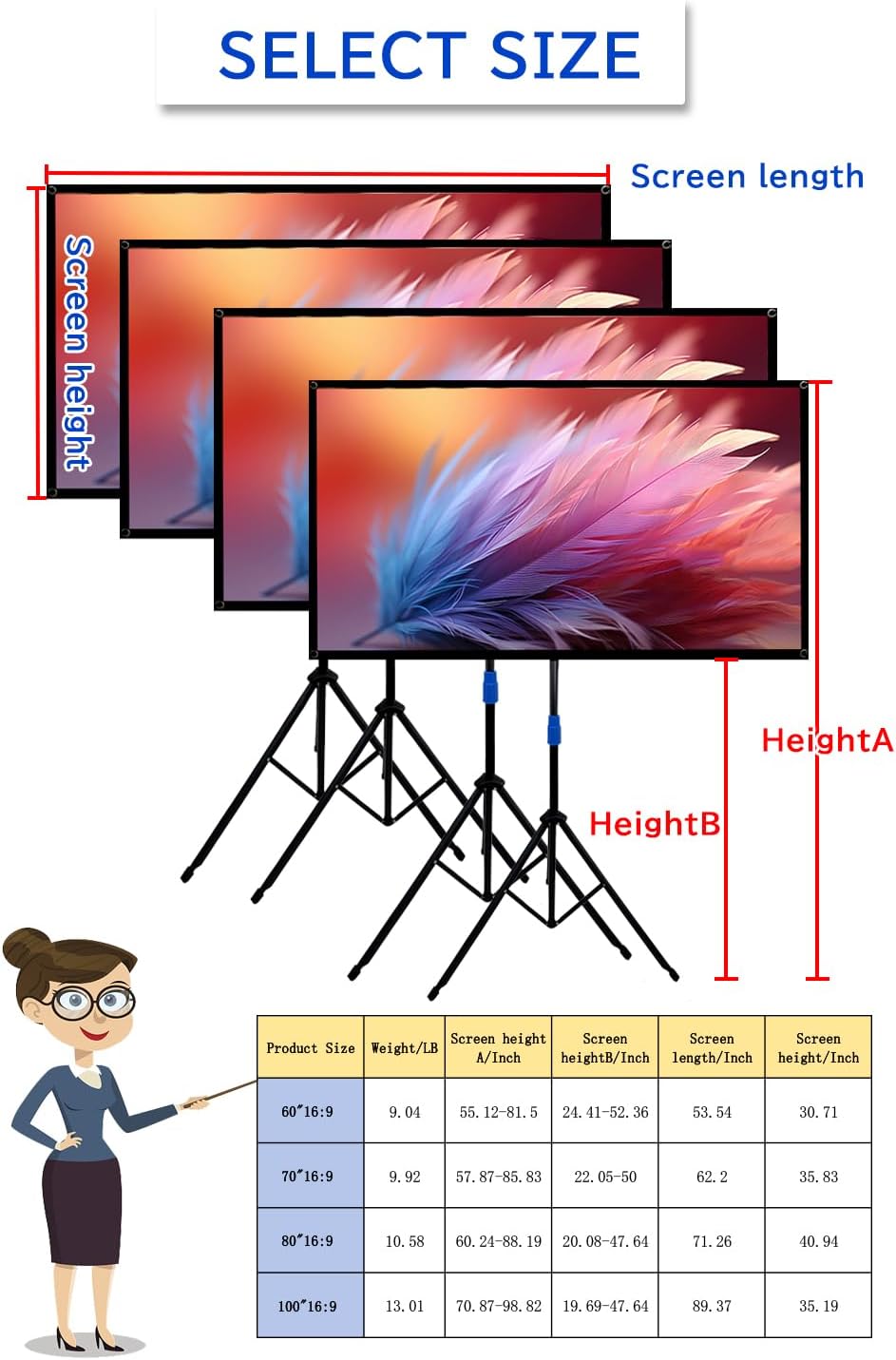 Projector Screen with Stand Outdoor 100 inch 4K HD 1.5-Gain Wrinkle-Resistant Movie Screen, 160° Viewing Angle, Projection Screen for Movie Night and Indoor 【100in】