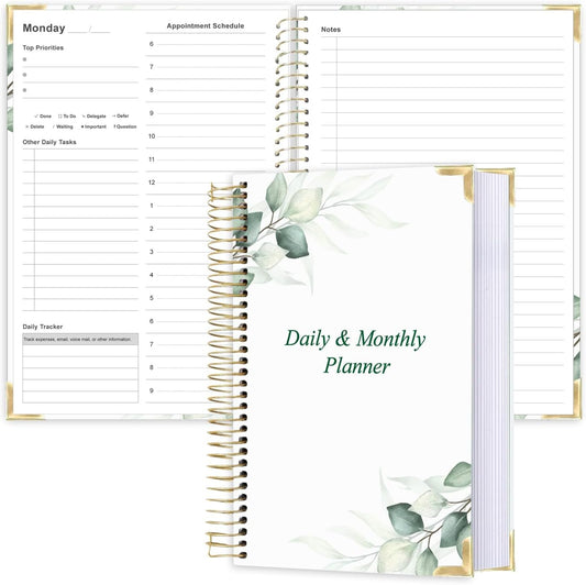 Undated Daily Monthly Planner for 2025 2026 - A5 To Do List with Hourly Schedule, Hardcover Spiral Bound Daily Planner to Increase Focus, Stylish School/Office Supplies, 5.8" x 8.5", Green Leaf
