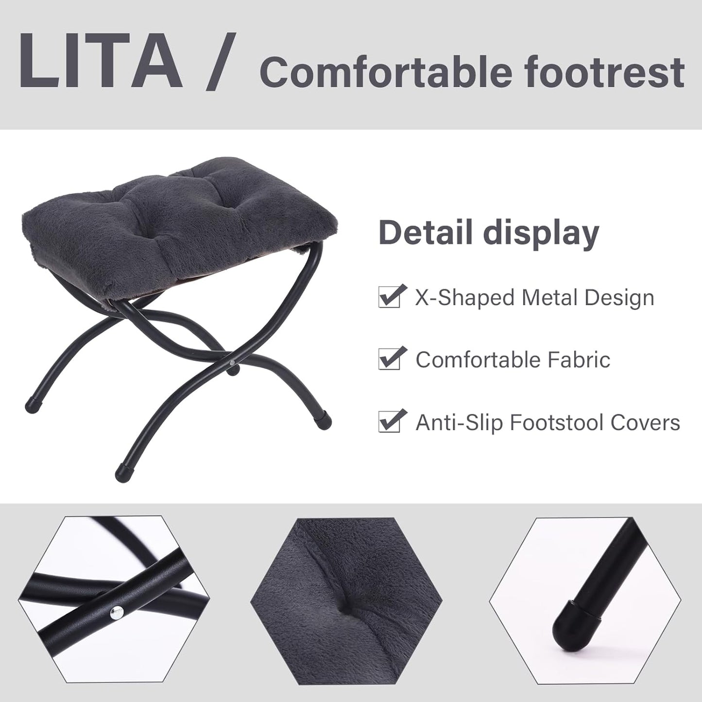 LITA Folding Upholstered Footrest Stool, Modern Small Portable Accent Ottoman with Detachable Thick Cotton Cushion Padded Sofa Stool with Metal Frame for Lazy Chair, Living Room & Bedroom