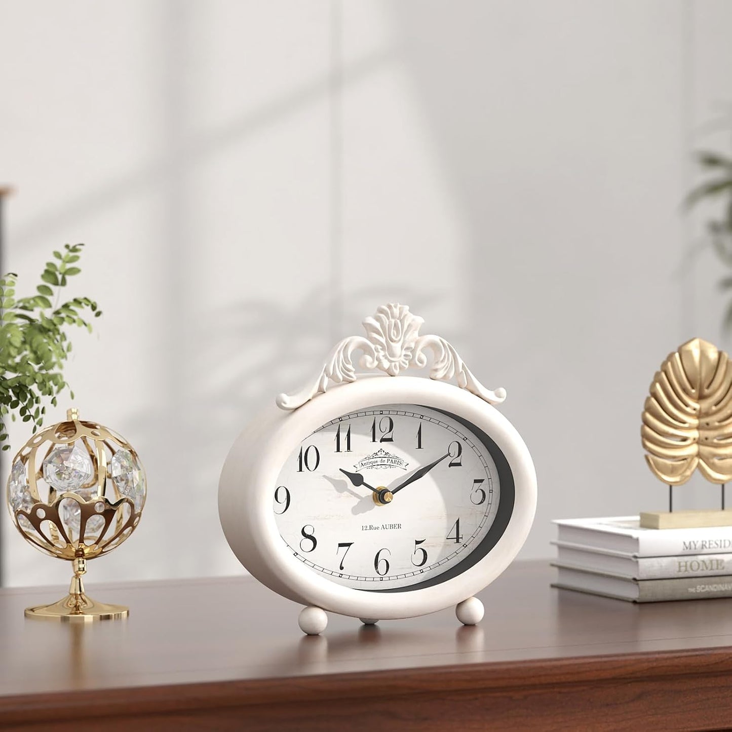 Vintage Table Clock, Desk and Shelf Decor Clock, French Rustic Antique Style White Mantel Clocks, for Farmhouse, Living Room, Bedroom, Bedside, Gift (7.87" H x 7.87" W)