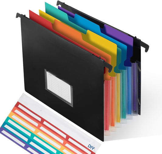 TRANBO 7-Pockets Hanging File Folder with Retractable Hooks for Filing Cabinet, Letter Size Expandable Accordion File Organizer with Elastic Band for File Frame or On-The-Go Use (1 Pack)