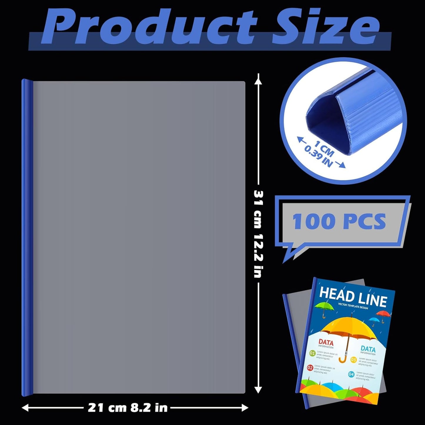 Thenshop 100 Pcs Clear Report Covers with Sliding Bars Sliding Bar File Folder Binder Plastic Report Folder for File Paper Book Resume Letter Office, 30 Sheet Capacity(Blue)