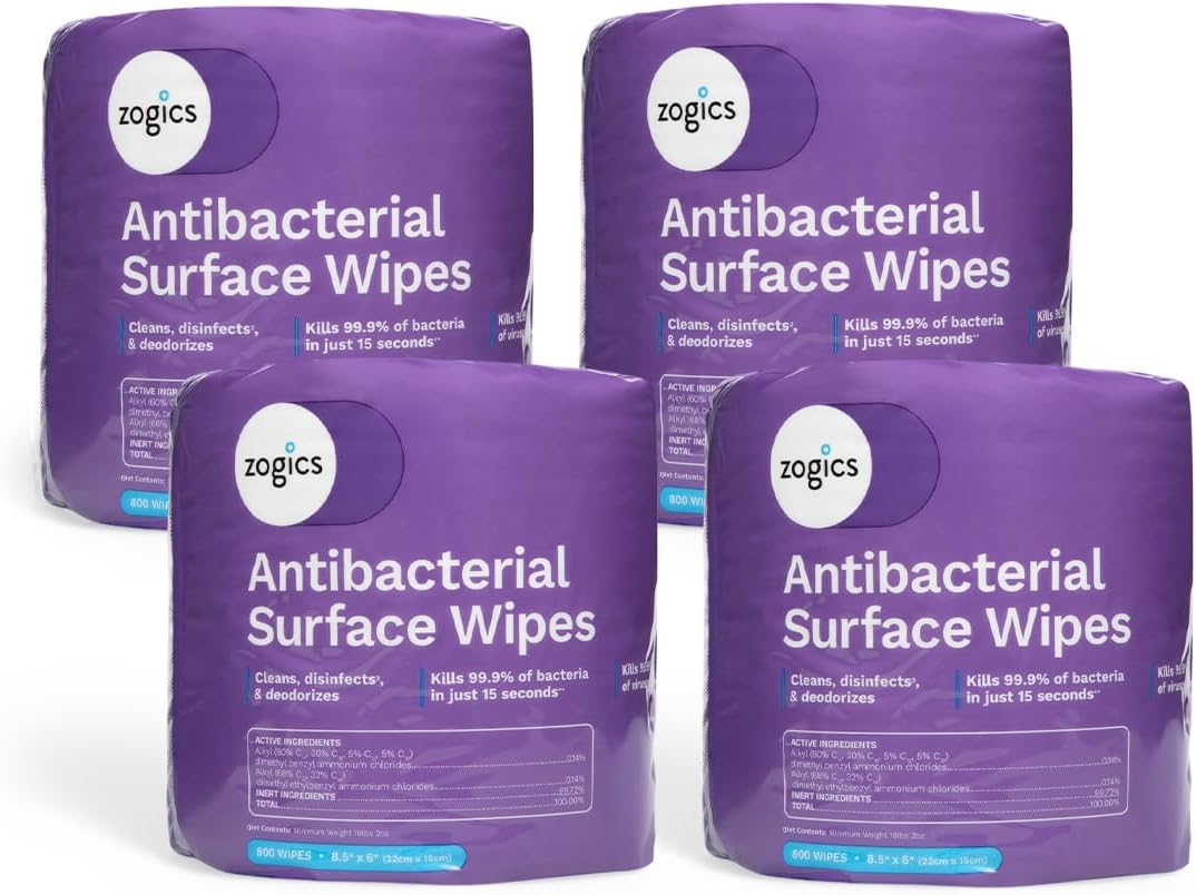 Zogics Antibacterial Wipes – Disinfecting Wipes for Sanitizing and Cleaning Surfaces and Equipment, EPA Registered Antibacterial Cleaning Wipes (3,200 Count – 4 Rolls of 800 Wipes)