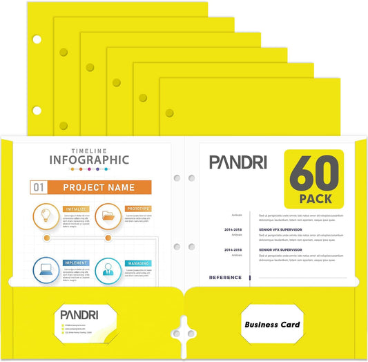 Two Pocket Portfolio Folders, PANDRI 60 Pack 3 Hole Punched 2 Pocket Folders for 3 Ring Binder, Letter Size Paper File Folder for School Office Home Business, Yellow