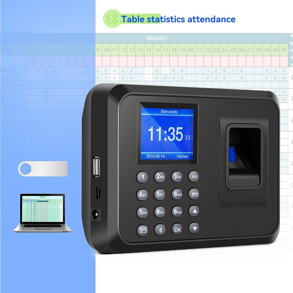 Fingerprint Time Clocks for Employees - Time Clock for Small Business Automatic Calculate Working Hours and Deduct Lunch Time, Punch and Power-off Protection with 8G USB Drive (0 Monthly Fee)