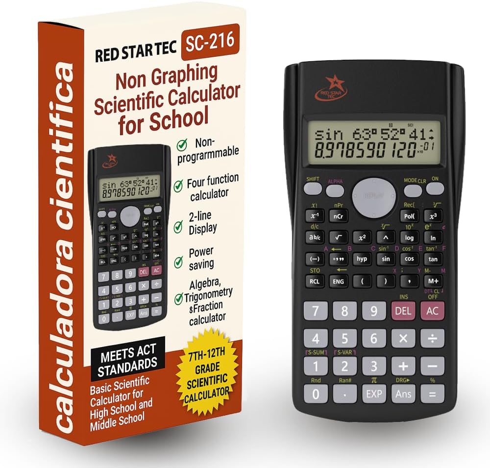 SC 216 Non Graphing Scientific Calculator for School by Red Star Tec – Black Math Calculator with 240 Functions, SAT Exam Ready, 2-Line Display, Trigonometry, Algebra & Statistics Support