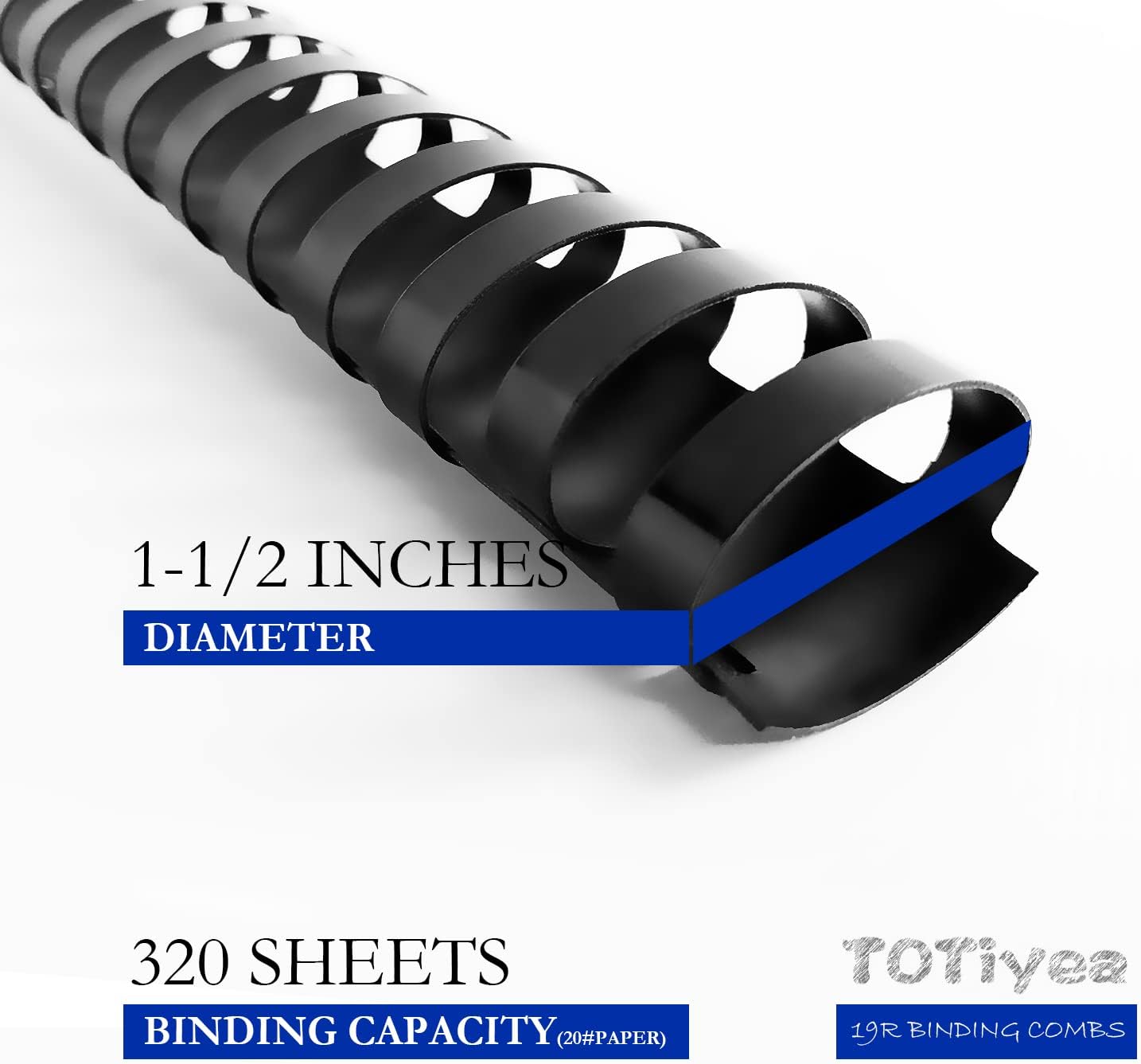 TOTiyea 50 Pack 19 Ring Plastic Binding Combs, 1-1/2 Inch Diameter, 320 Sheet Capacity, Letter Size, Black Comb Binding Spines