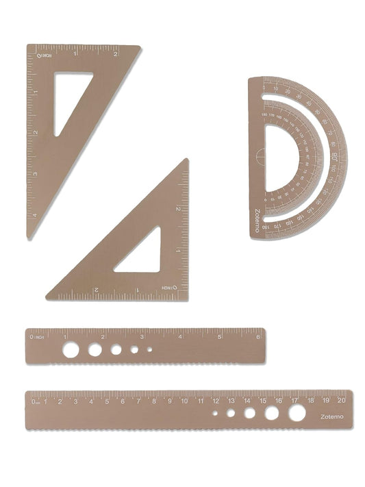 Metal Geometry Set, 5-Piece Aluminum Ruler, Math Drafting Ruler Kit Includes Protractor, Triangle Rulers, Straight Rulers-Math Measurement Tools for School and Office Supplies (Gold)