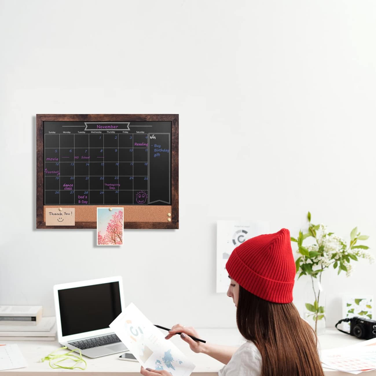 TORASO Magnetic Chalkboard Calendar Corkboard, Small Combination Chalk Board Bulletin Board, 13" x 17",Walnut Brown Framed Blackboard Calendar Cork Combo Board(ZHHB-BN-3343)