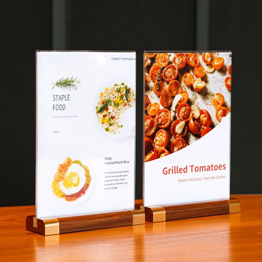 Acrylic Sign Holder 5" x 7" with Wood-Color Base, Tabletop Double-Sided Display Sign Frame Vertical Clear for Store/Coffee Shop/Restaurant Menu Hotel Display Board, 3 Pack T Shape
