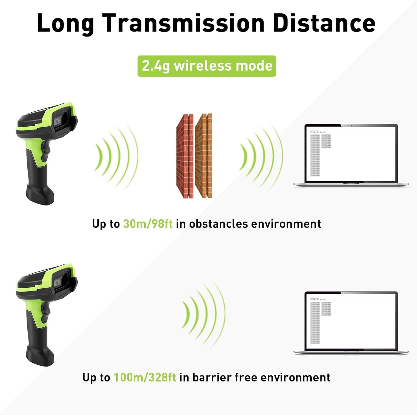 Barcode Scanner Wireless, 1D CCD Automatic Bar Code Scanner with Display Screen, Rechargeable Handhold Barcode Reader with 2.4G Receiver & USB Wired Plug and Play (Green)