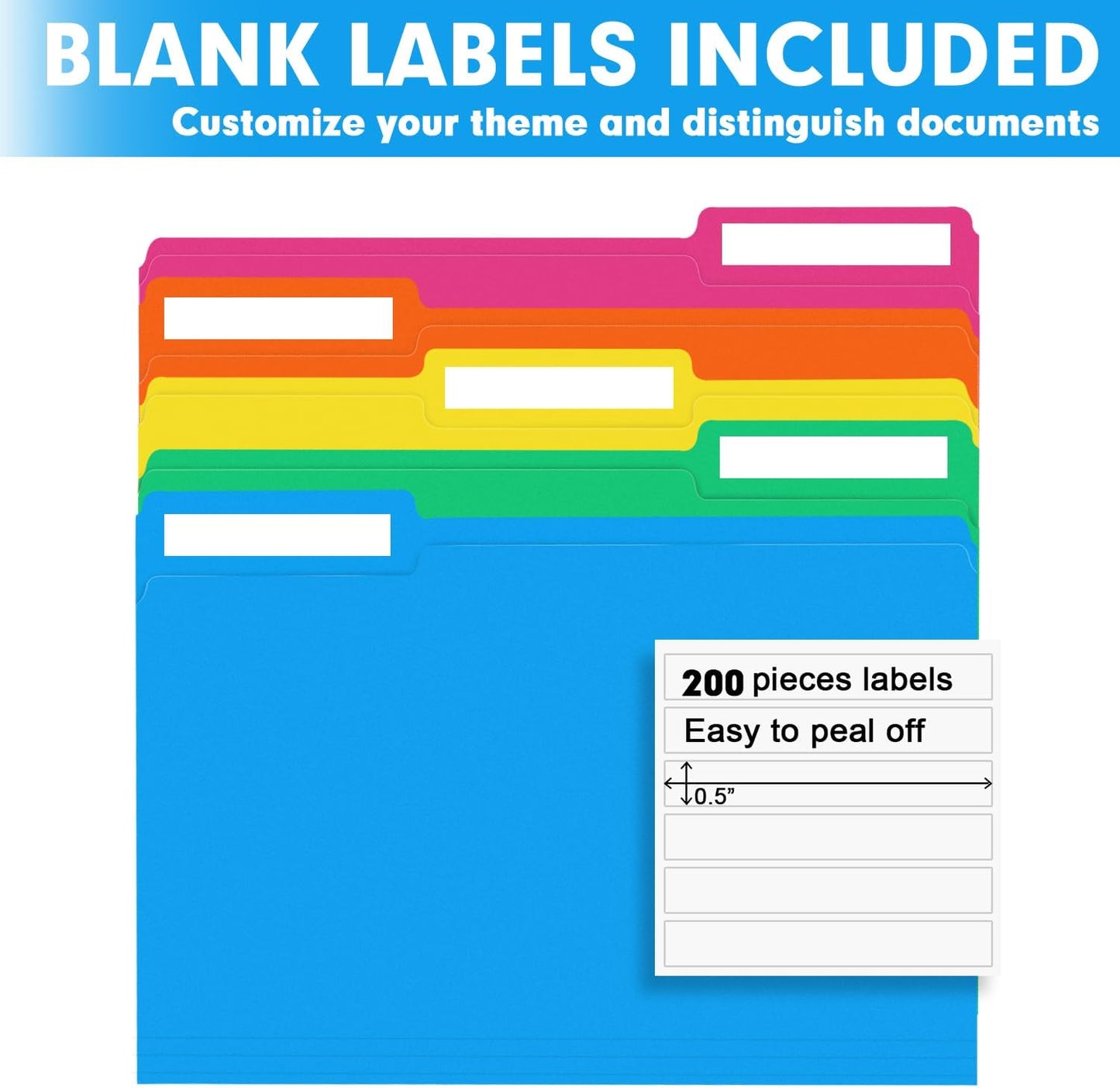 File Folder, RAZCC 200 Pack 1/3 Cut Tab Colored Folders, Colored File Folder Letter Size for Office Classroom Use, Folders with Tabs Assorted 5 Colors