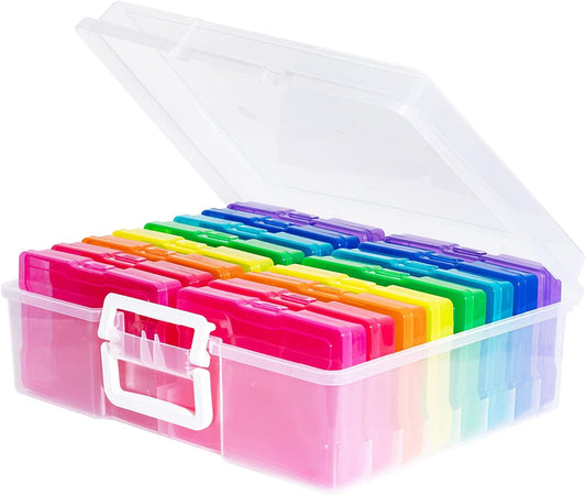 novelinks Transparent 4" x 6" Photo Cases and Clear Craft Keeper with Handle - 16 Inner Cases Plastic Storage Container Box (Multi-colored)