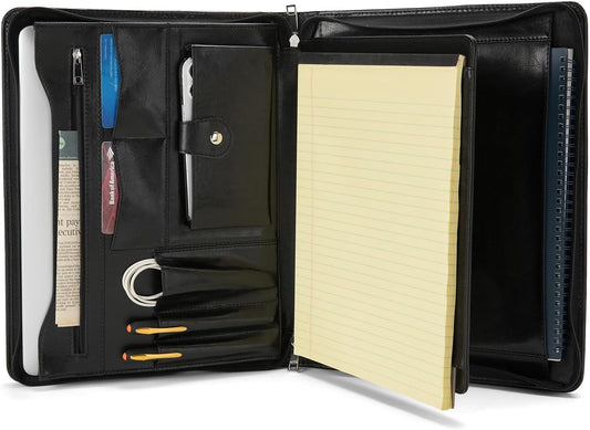 Vegan Leather Portfolio with Front Pocket for Men and Women, 8.5 x 11 Legal Pad Notepad Holder, Zippered Business Organizer, Professional Executive Letter Notebook Folder for Work, Black