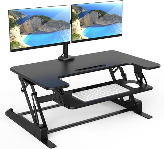 Mount-It! Standing Desk Converter Dual Monitor, 2 Screen Mounts Included, Height Adjustable Desk Riser in Black, Stand Up Desk Convertor Large 36" Wide, Sit Stand Convertor with Manual Lift Gas Spring