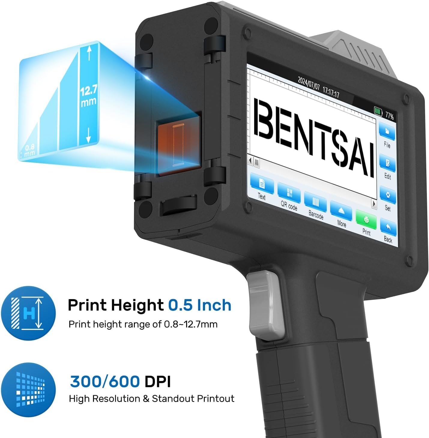 BENTSAI Handheld Inkjet Printer BT-HH6205BL Upgraded with 16H Long Lasting 0.5Inch Use with Photoelectric Sensor for Assembly Line for Date QR Code UPC Barcode Logo Batch Number on Carton Plastic Wood