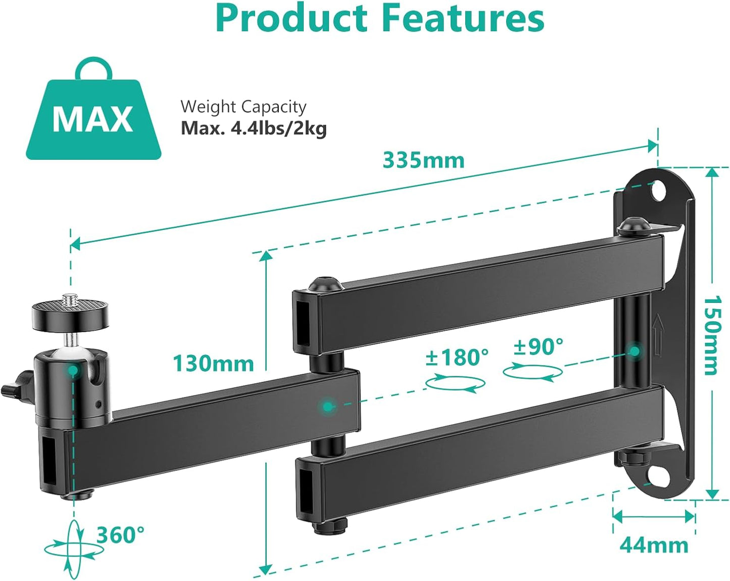 WALI Foldable Projector Wall Mount Universal Adjustable Wall Projector Mount Aluminum Alloy Projectors Stand,1/4" M4 M6 Screw Size,(1330LM-PM), Black