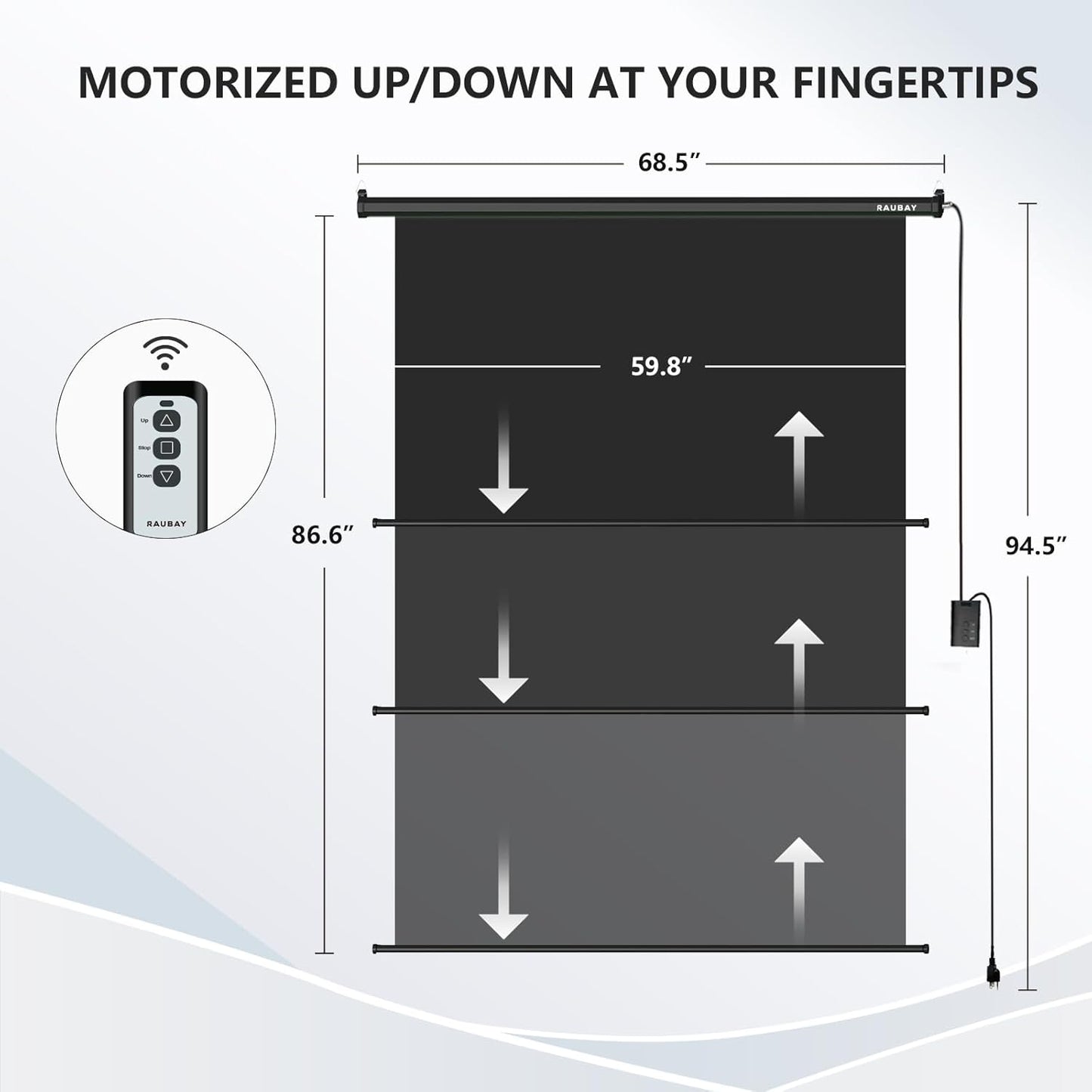RAUBAY Motorized Pull Down Black Screen Backdrop - 59.8" x 86.6" Collapsible Wall-Mount Background for Professional Video Production, Photography Studio, Video Conferencing and YouTube, TikTok Creator